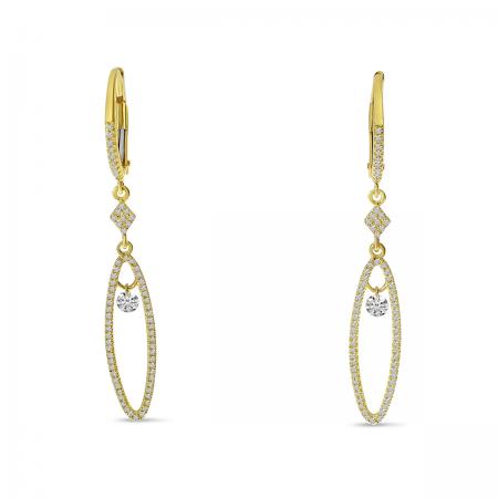 14K Yellow Gold Dashing Diamond Long Oval Dangle Earrings