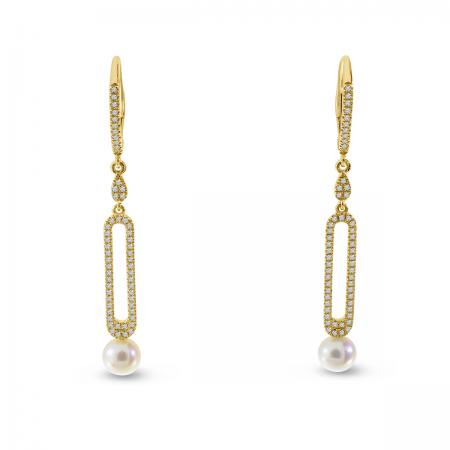 14K Yellow Gold Dangle Pearl and Diamond Earrings