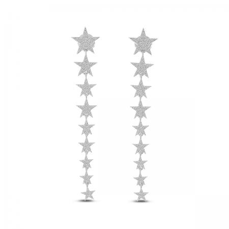 14K White Gold Diamond Star Long Earrings