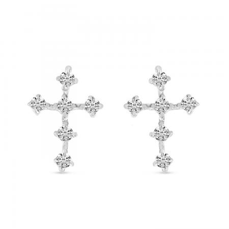 14K White Gold Diamond Mini Cross Stud Earrings