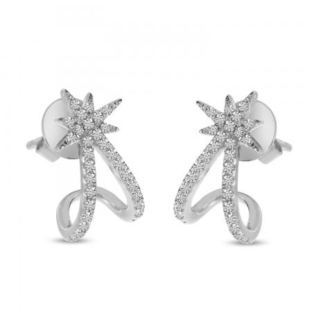 14K White Gold Diamond Starburst Huggie Earrings