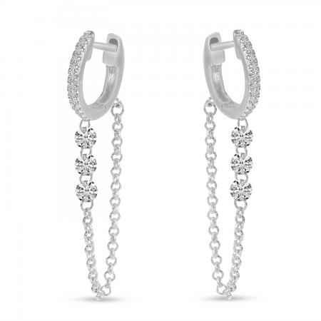 14K White Gold Dashing Diamond Triple Diamond Chain Huggie Earrings