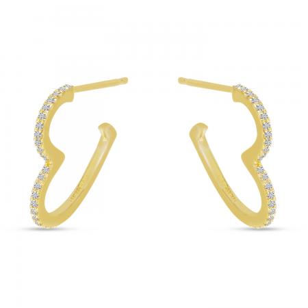 14K Yellow Gold Diamond Open Heart Hoop Earrings