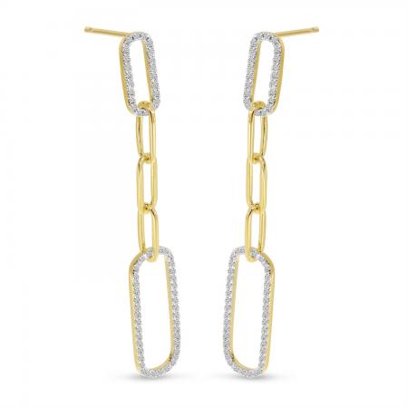 14K Yellow Gold Diamond Paperclip Link Long Earrings