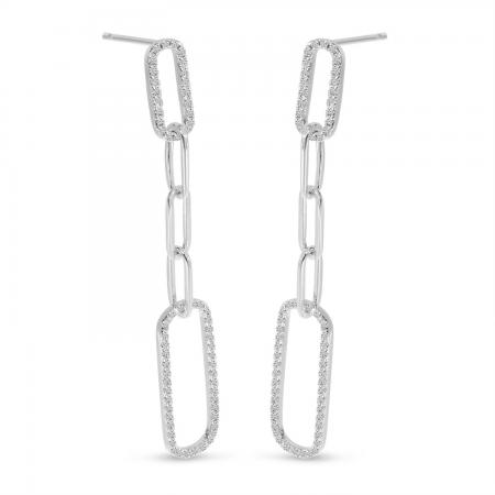 14K White Gold Diamond Paperclip Link Long Earrings