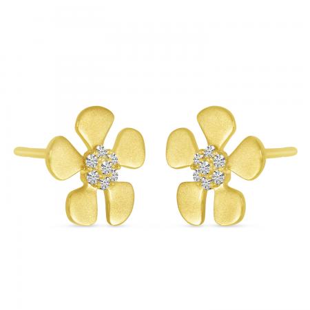 14K Yellow Gold Brushed Gold Diamond Flower Earrings