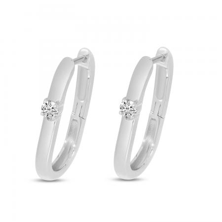 14K White Gold Oval Hoop Earrings With Single Diamond