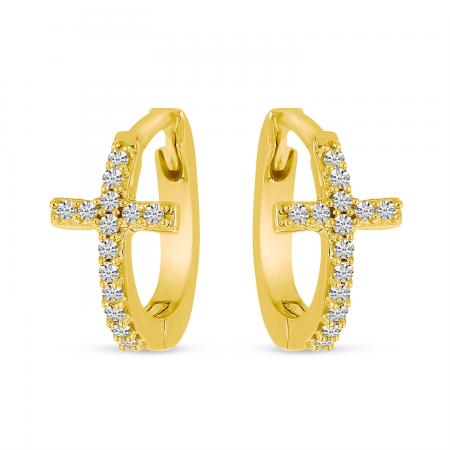 14K Yellow Gold Diamond Cross Huggie Earrings