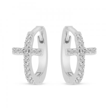 14K White Gold Diamond Cross Huggie Earrings