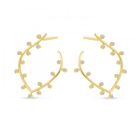 14K Yellow Gold Bubble Front Leaf Hoop Earrings