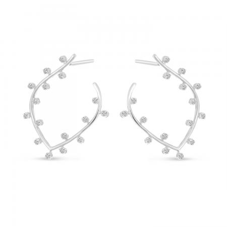 14K White Gold Bubble Front Leaf Hoop Earrings