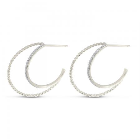 14K White Gold Diamond Twist Double Hoops