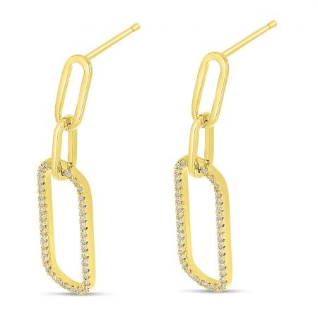 14K Yellow Gold Diamond Paperclip Link Long Earrings