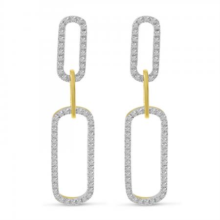 14K Two Tone Gold Diamond Paperclip Link Long Earrings