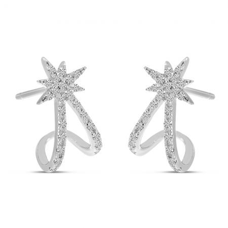 14K White Gold Diamond Starburst Huggie Earrings