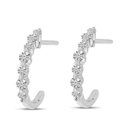 14K White Gold Shared Prong Diamond Half Huggie Earrings