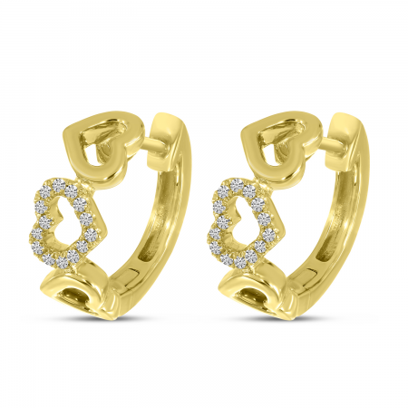 14K Yellow Gold Diamond Triple Heart Huggie Earrings