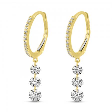 14K Yellow Gold Dashing Diamond 3-Stone Drop Huggie Earrings