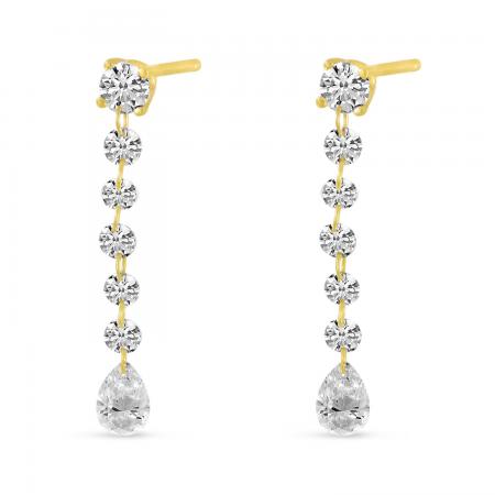 14K Yellow Gold Round and Pear Dashing Diamond Drop Post Earrings