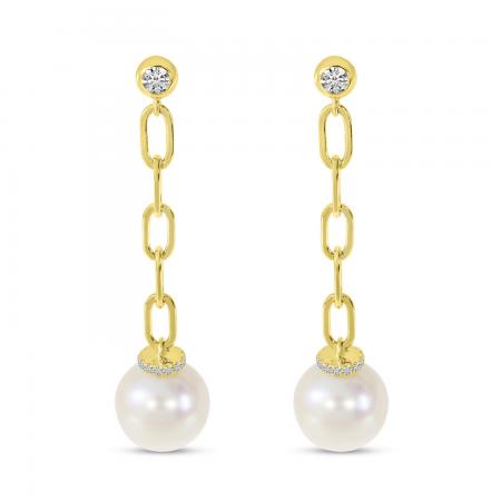 14K Yellow Gold Diamond and Pearl Link Dangle Earrings