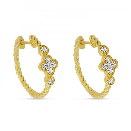 14K Yellow Gold Diamond Clover Twist Hoop Earrings