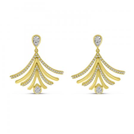 14K Yellow Gold Diamond and Gold Moveable Fan Shape Fashion Earrings