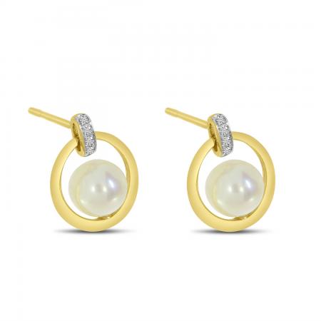 14K Yellow Gold Pearl and Diamond Frontal Hoop Earrings