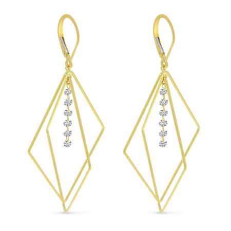 14K Yellow Gold Dashing Diamond 3D Geometric Triangle Earrings