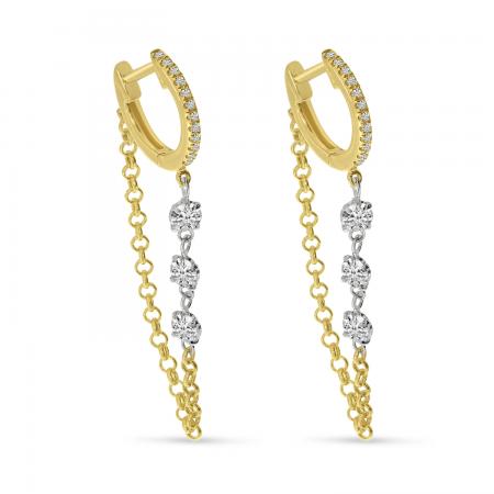 14K Yellow Gold Floating Diamond Triple Diamond Chain Huggie Earrings