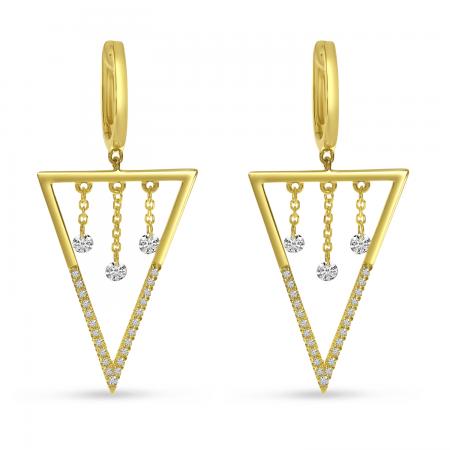 14K Yellow Gold Dashing Diamond Triangle Dangle Chain Earrings