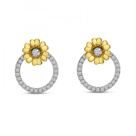 14K Two Tone Gold Diamond Floral Circle Earrings