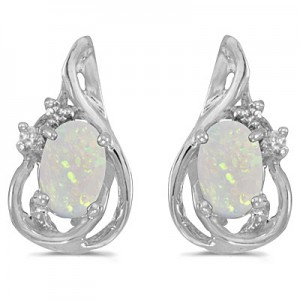 14k White Gold Oval Opal And Diamond Teardrop Earrings