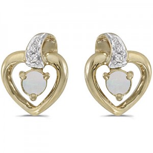 10k Yellow Gold Round Opal And Diamond Heart Earrings