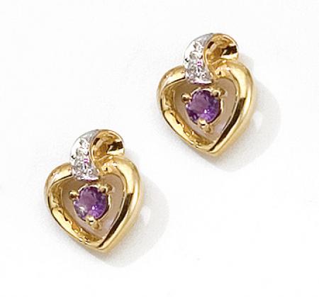 14k Yellow Gold Round Amethyst And Diamond Heart Earrings