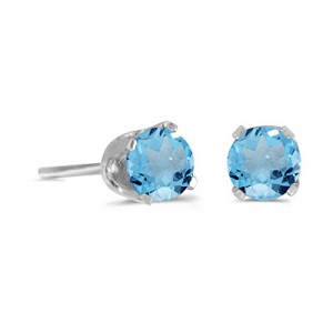 14k White Gold Round Blue Topaz Stud Earrings