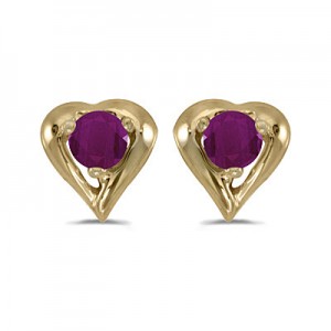 14k Yellow Gold Round Ruby Heart Earrings