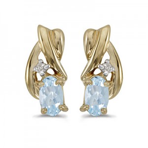 14k Yellow Gold Oval Aquamarine And Diamond Earrings