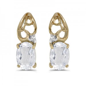 14k Yellow Gold Oval White Topaz And Diamond Earrings