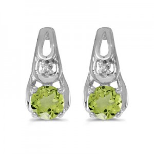 14k White Gold Round Peridot And Diamond Earrings