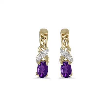 14K Yellow Gold Oval Amethyst and Diamond X\" Birthstone Post Earrings\"