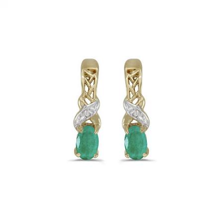 14K Yellow Gold Oval Emerald and Diamond X\" Birthstone Post Earrings\"