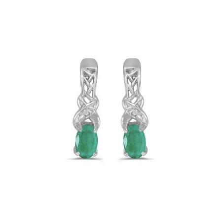 10k White Gold Oval Emerald and Diamond X\" Birthstone Post Earrings\"