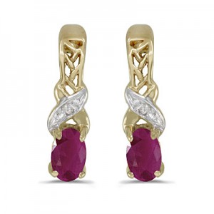 14k Yellow Gold Oval Ruby And Diamond Earrings