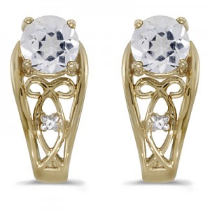 14k Yellow Gold Round White Topaz And Diamond Earrings