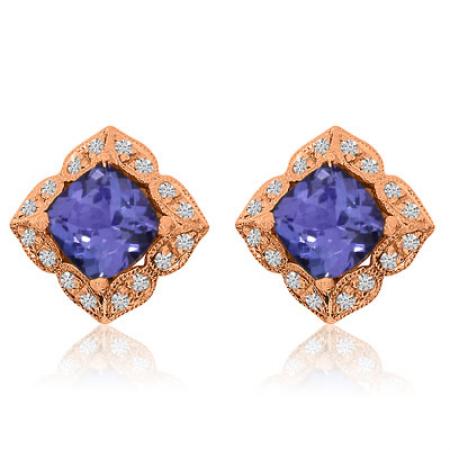 14K Rose Gold 6mm Cushion Tanzanite and Diamond Fashion Earrings