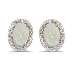 14k Yellow Gold Oval Opal And Diamond Earrings