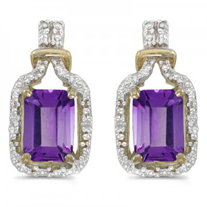 14k Yellow Gold Emerald-cut Amethyst And Diamond Earrings