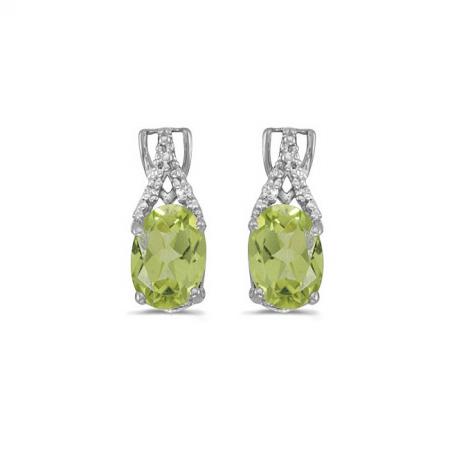 14K White Gold Oval Peridot and Diamond Birthstone Post Earrings