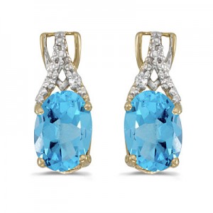 14k Yellow Gold Oval Blue Topaz And Diamond Earrings