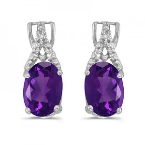 14k White Gold Oval Amethyst And Diamond Earrings